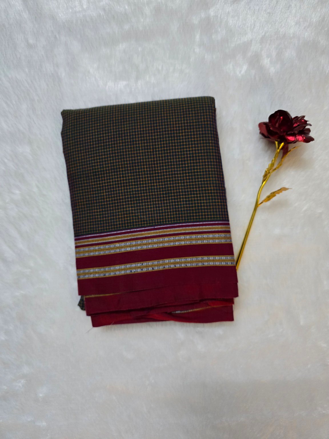 Green & Purple Double Colour Checked Cotton Ilkal Saree with Maroon & Gold Zari Border Green & Purple Double Colour Checked Cotton Ilkal Saree with Maroon & Gold Zari Border