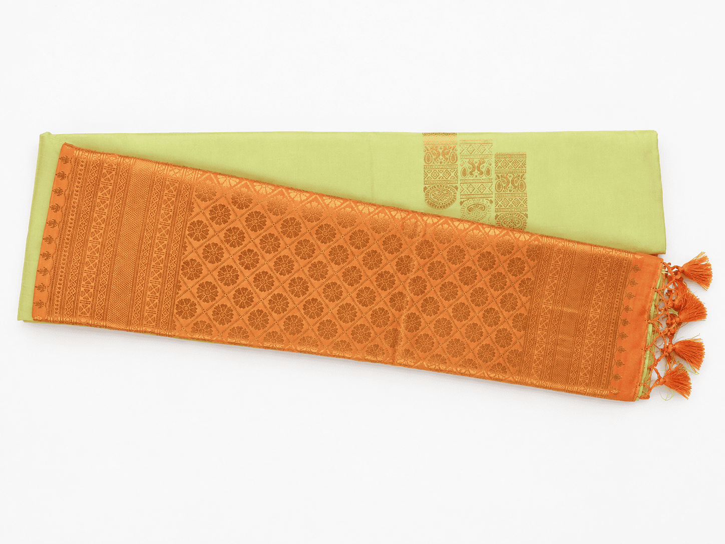Pistachio Green Silk Saree with Coral Orange Zari Pallu Pistachio Green Silk Saree with Coral Orange Zari Pallu