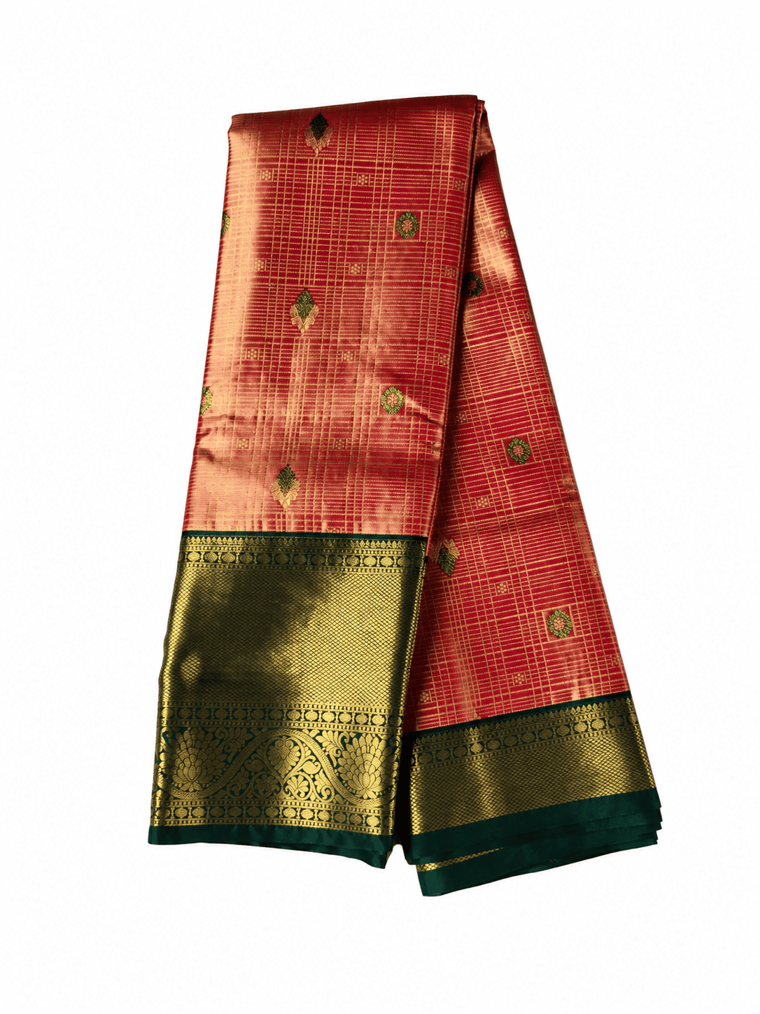 Pink Tissue Brocade Silk Saree with Antique Gold Zari & Dark Green Border Pink Tissue Brocade Silk Saree with Antique Gold Zari & Dark Green Border