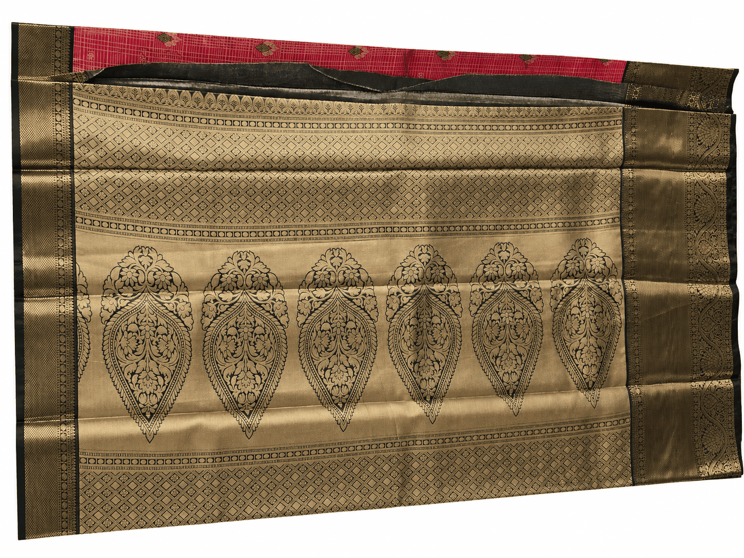 Pink Tissue Brocade Silk Saree with Antique Gold Zari & Dark Green Border Pink Tissue Brocade Silk Saree with Antique Gold Zari & Dark Green Border