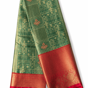 Emerald Green Tissue Brocade Silk Saree with Antique Gold Zari and Coral Red Border.