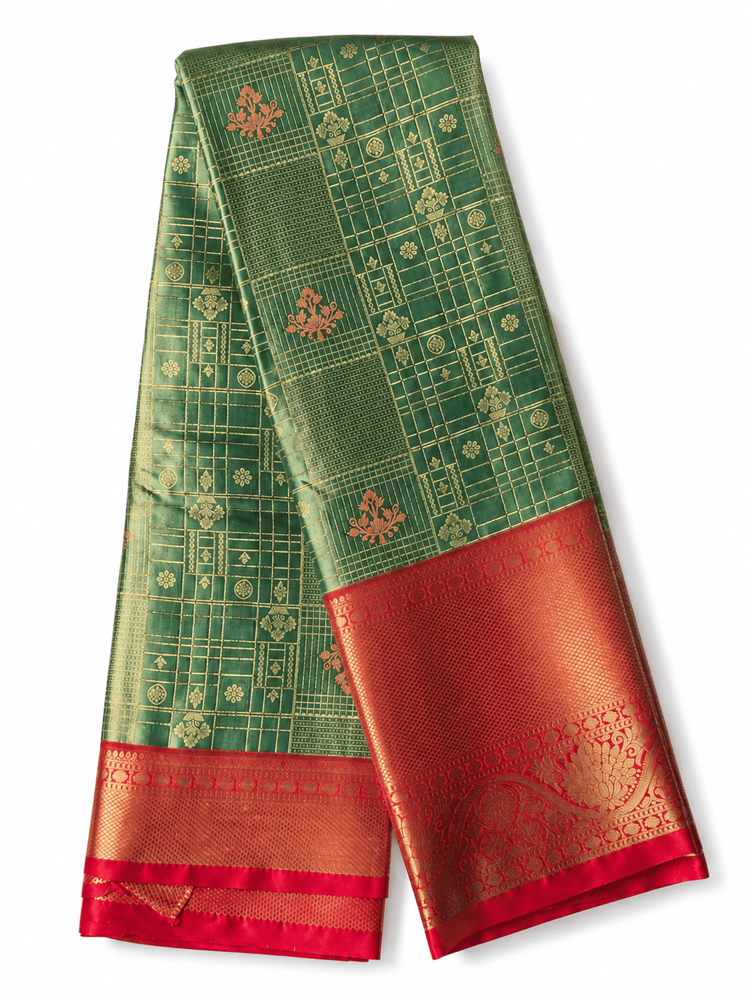 Emerald Green Tissue Brocade Silk Saree with Antique Gold Zari and Coral Red Border. Emerald Green Tissue Brocade Silk Saree with Antique Gold Zari and Coral Red Border.