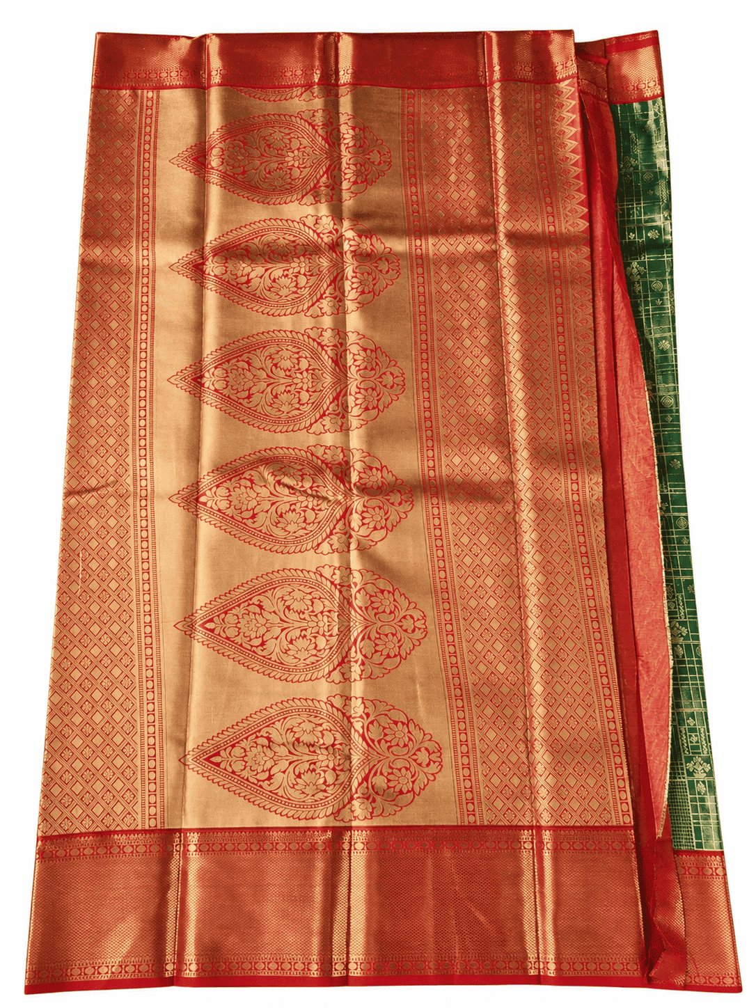 Emerald Green Tissue Brocade Silk Saree with Antique Gold Zari and Coral Red Border. Emerald Green Tissue Brocade Silk Saree with Antique Gold Zari and Coral Red Border.