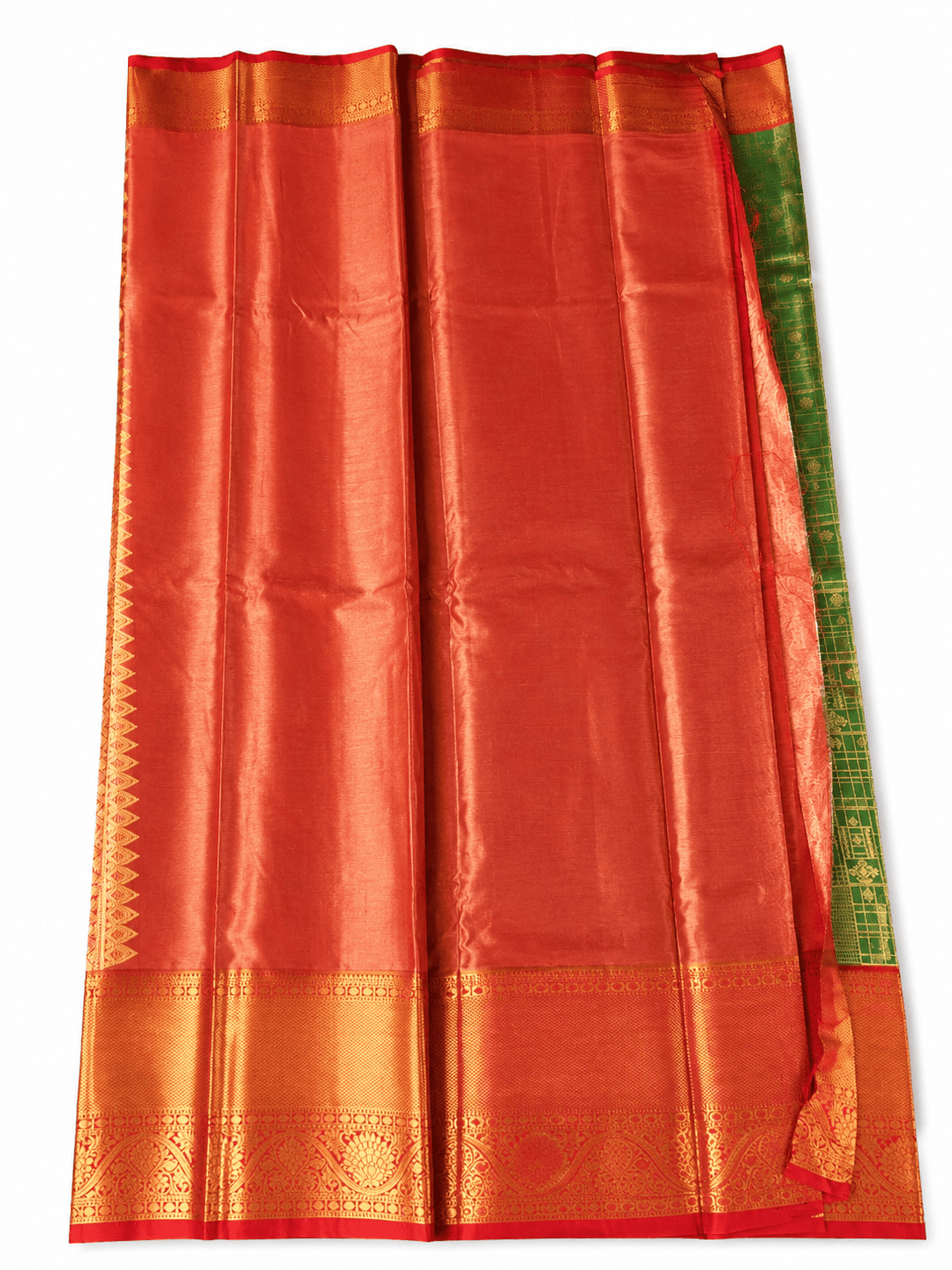 Emerald Green Tissue Brocade Silk Saree with Antique Gold Zari and Coral Red Border. Emerald Green Tissue Brocade Silk Saree with Antique Gold Zari and Coral Red Border.