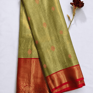 Golden Mustard Yellow Tissue Brocade Silk Saree with Antique Gold Zari & Red Border