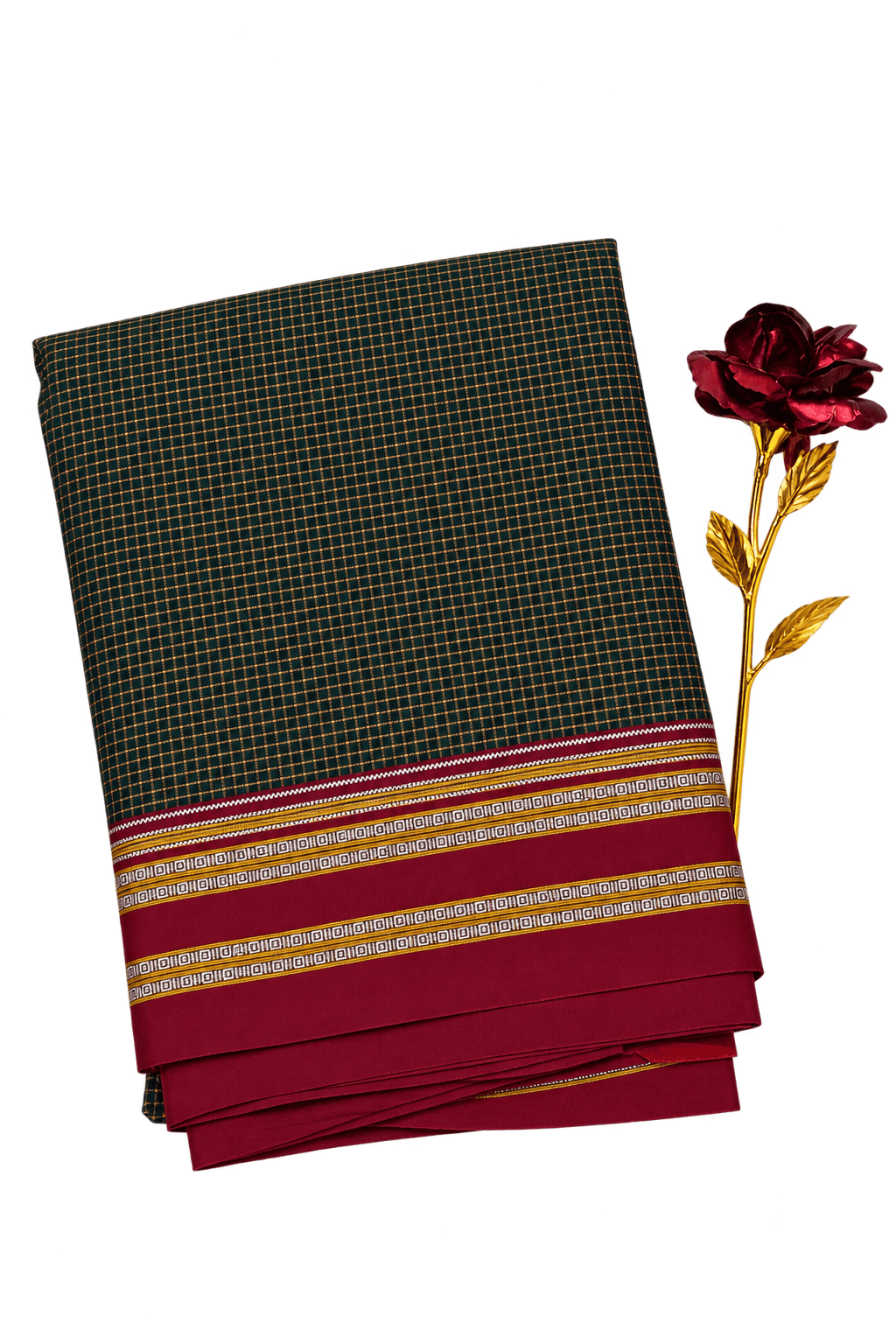 Green & Purple Double Colour Checked Cotton Ilkal Saree with Maroon & Gold Zari Border Green & Purple Double Colour Checked Cotton Ilkal Saree with Maroon & Gold Zari Border
