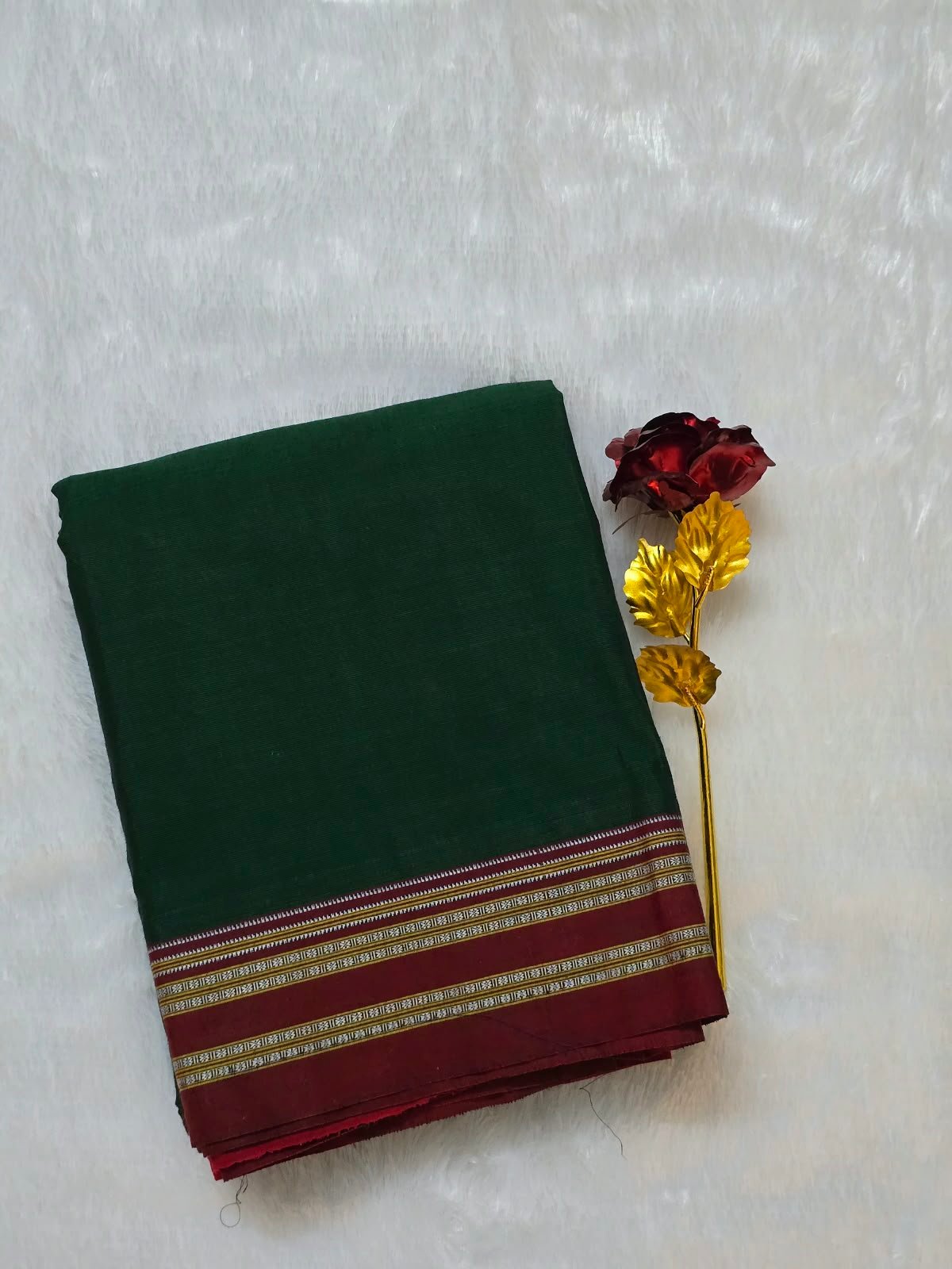 Dark Bottle Green Cotton Ilkal Saree with Maroon Contrast Border Dark Bottle Green Cotton Ilkal Saree with Maroon Contrast Border