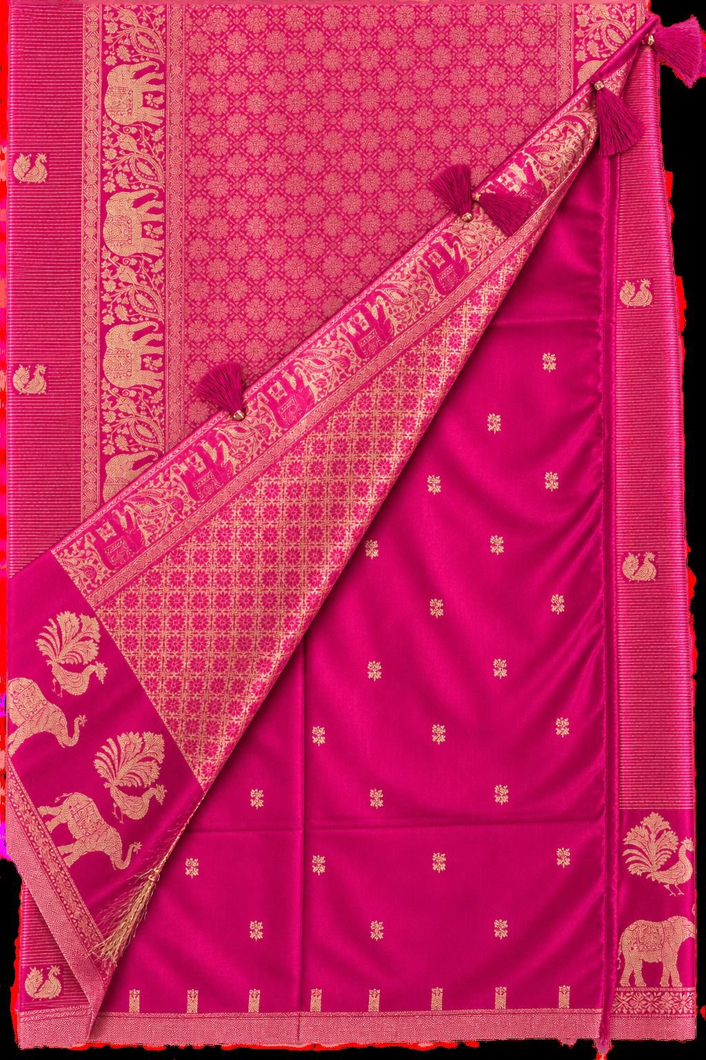 Rani Pink Viscose Silk Saree with Gold Zari Peacock & Elephant Motifs Rani Pink Viscose Silk Saree with Gold Zari Peacock & Elephant Motifs