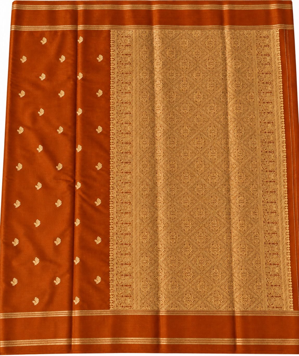 Rust Orange Semi Crape Silk Saree with Gold Butta and Striped Zari Border Rust Orange Semi Crape Silk Saree with Gold Butta and Striped Zari Border