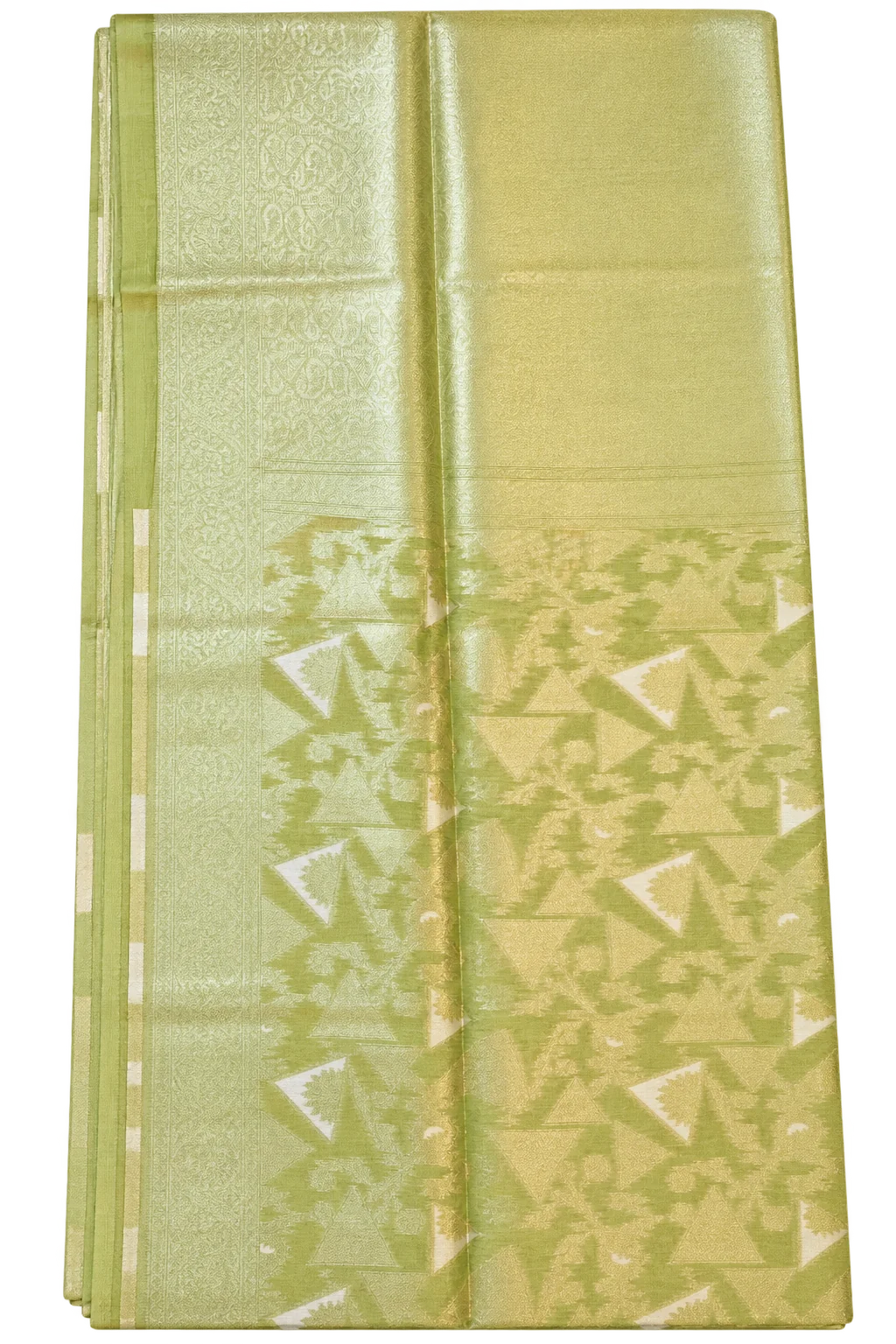 Light Sage Green Silk Saree with Gold Zari Geometric Pallu and Floral Border. Light Sage Green Silk Saree with Gold Zari Geometric Pallu and Floral Border.