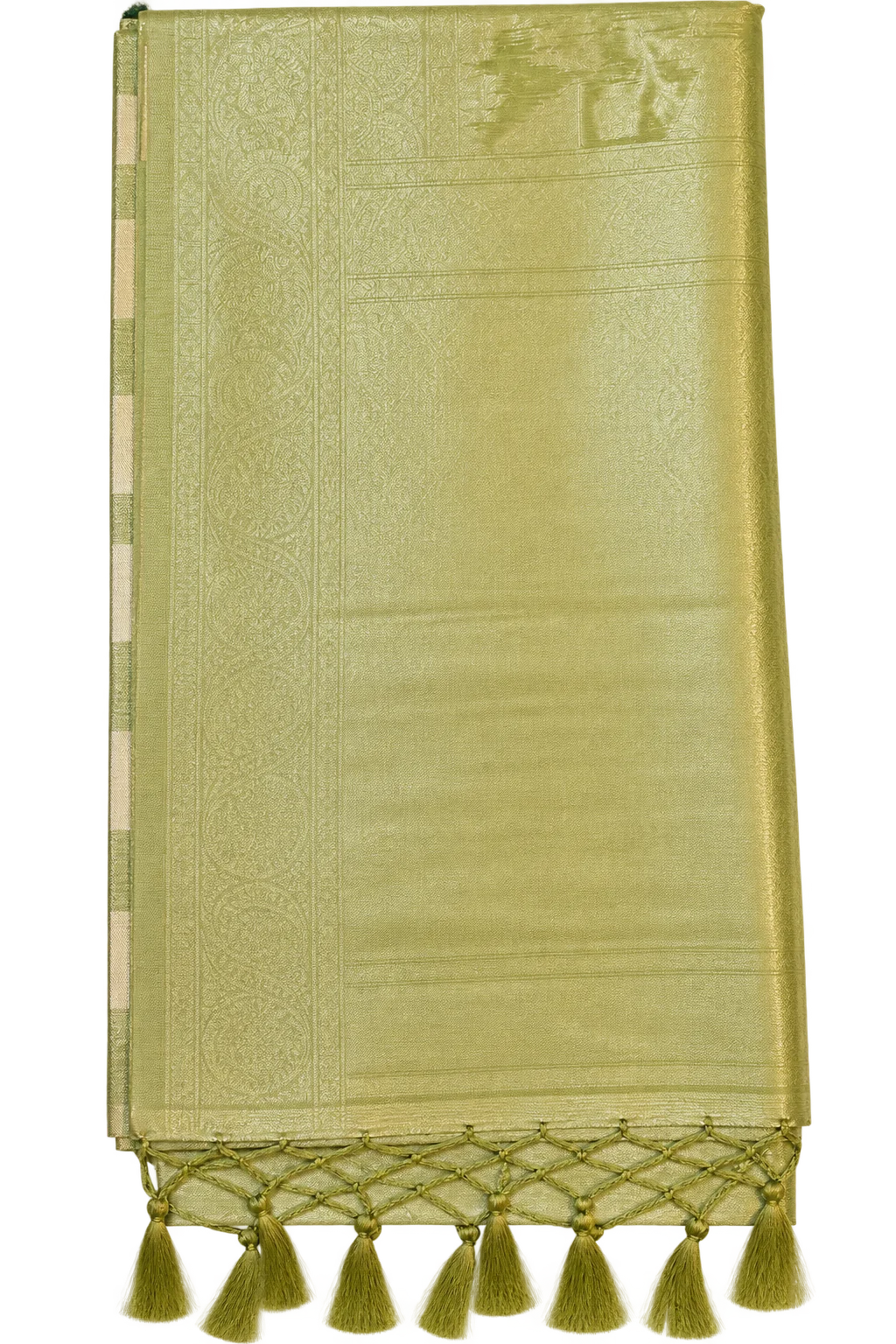 Light Sage Green Silk Saree with Gold Zari Geometric Pallu and Floral Border. Light Sage Green Silk Saree with Gold Zari Geometric Pallu and Floral Border.