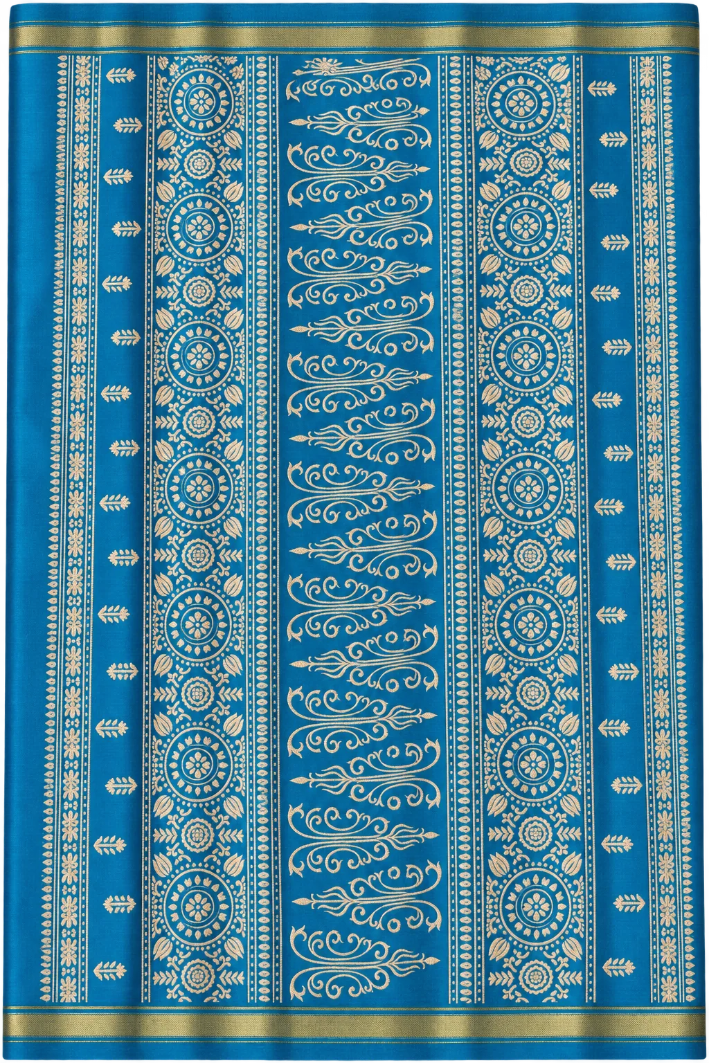 Turquoise Blue Gaaj Silk Saree with Gold Zari Buttas and a Striped Zari Border Turquoise Blue Gaaj Silk Saree with Gold Zari Buttas and a Striped Zari Border
