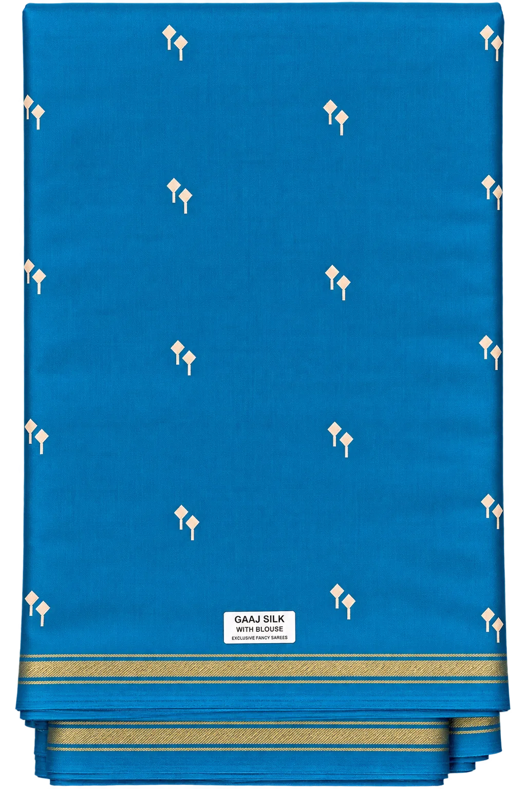 Turquoise Blue Gaaj Silk Saree with Gold Zari Buttas and a Striped Zari Border Turquoise Blue Gaaj Silk Saree with Gold Zari Buttas and a Striped Zari Border