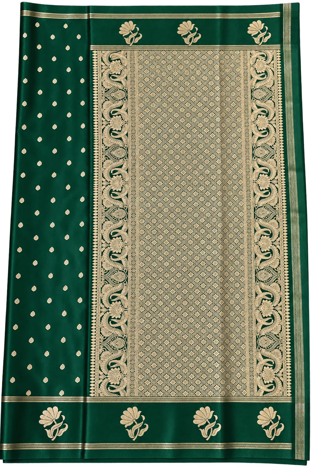 Dark Green Semi Crape Silk Saree with Gold Zari Buttas and Floral Zari Border Dark Green Semi Crape Silk Saree with Gold Zari Buttas and Floral Zari Border