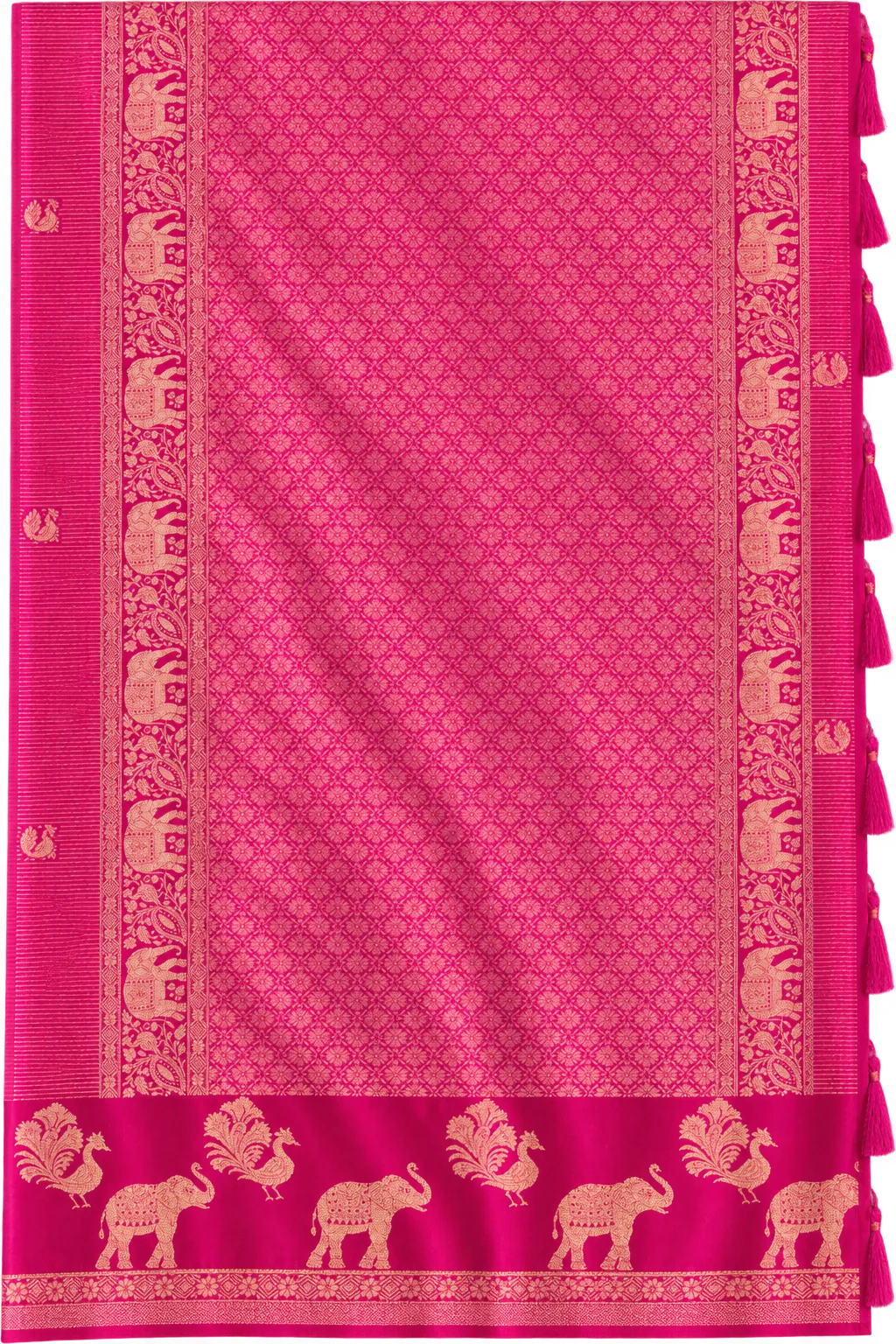 Rani Pink Viscose Silk Saree with Gold Zari Peacock & Elephant Motifs Rani Pink Viscose Silk Saree with Gold Zari Peacock & Elephant Motifs