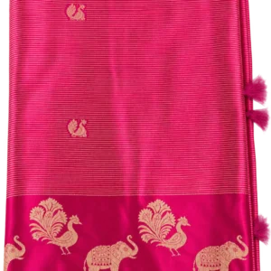 Rani Pink Viscose Silk Saree with Gold Zari Peacock & Elephant Motifs