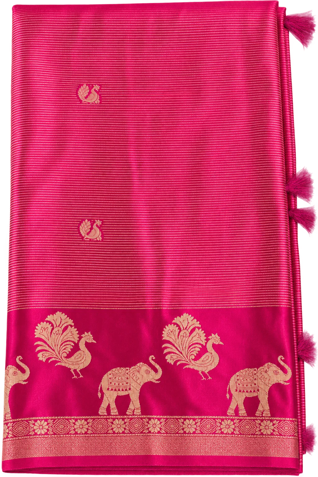 Rani Pink Viscose Silk Saree with Gold Zari Peacock & Elephant Motifs Rani Pink Viscose Silk Saree with Gold Zari Peacock & Elephant Motifs