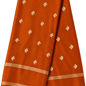 Home Rust Orange Semi Crape Silk Saree with Gold Butta and Striped Zari Border