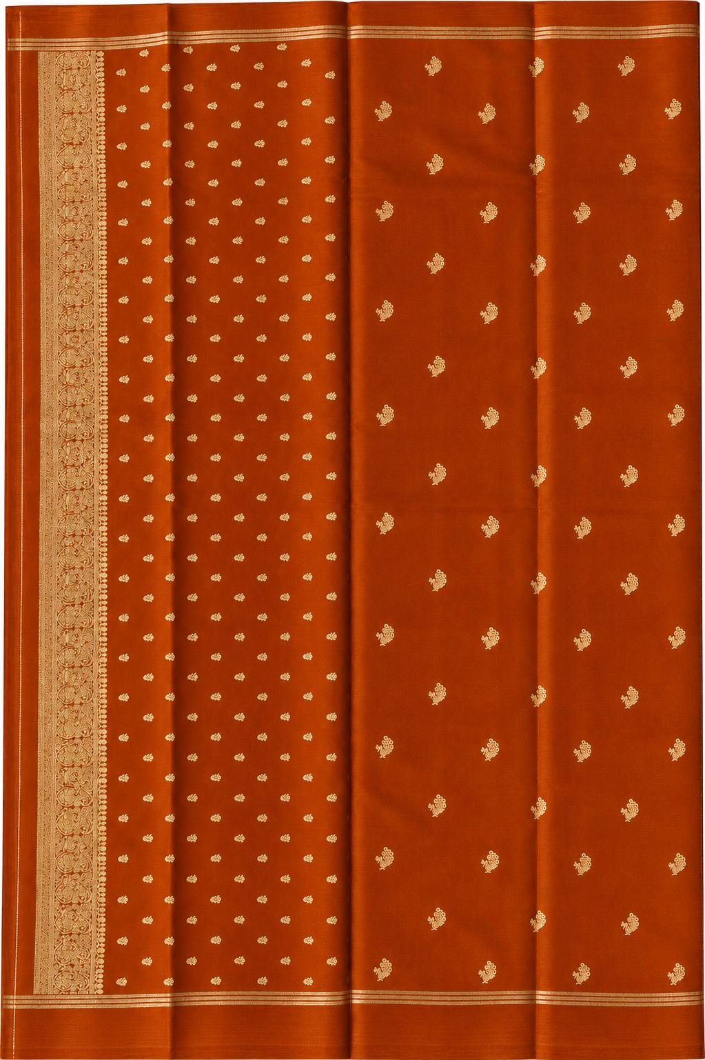 Rust Orange Semi Crape Silk Saree with Gold Butta and Striped Zari Border Rust Orange Semi Crape Silk Saree with Gold Butta and Striped Zari Border
