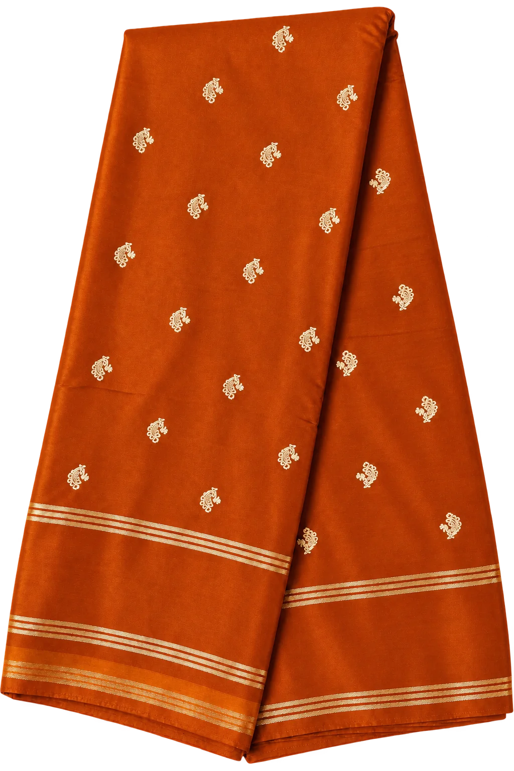 Rust Orange Semi Crape Silk Saree with Gold Butta and Striped Zari Border Rust Orange Semi Crape Silk Saree with Gold Butta and Striped Zari Border
