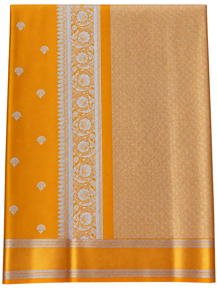 Golden Yellow Silk Saree with Gold Zari Buttas and a Striped Zari Border Golden Yellow Silk Saree with Gold Zari Buttas and a Striped Zari Border