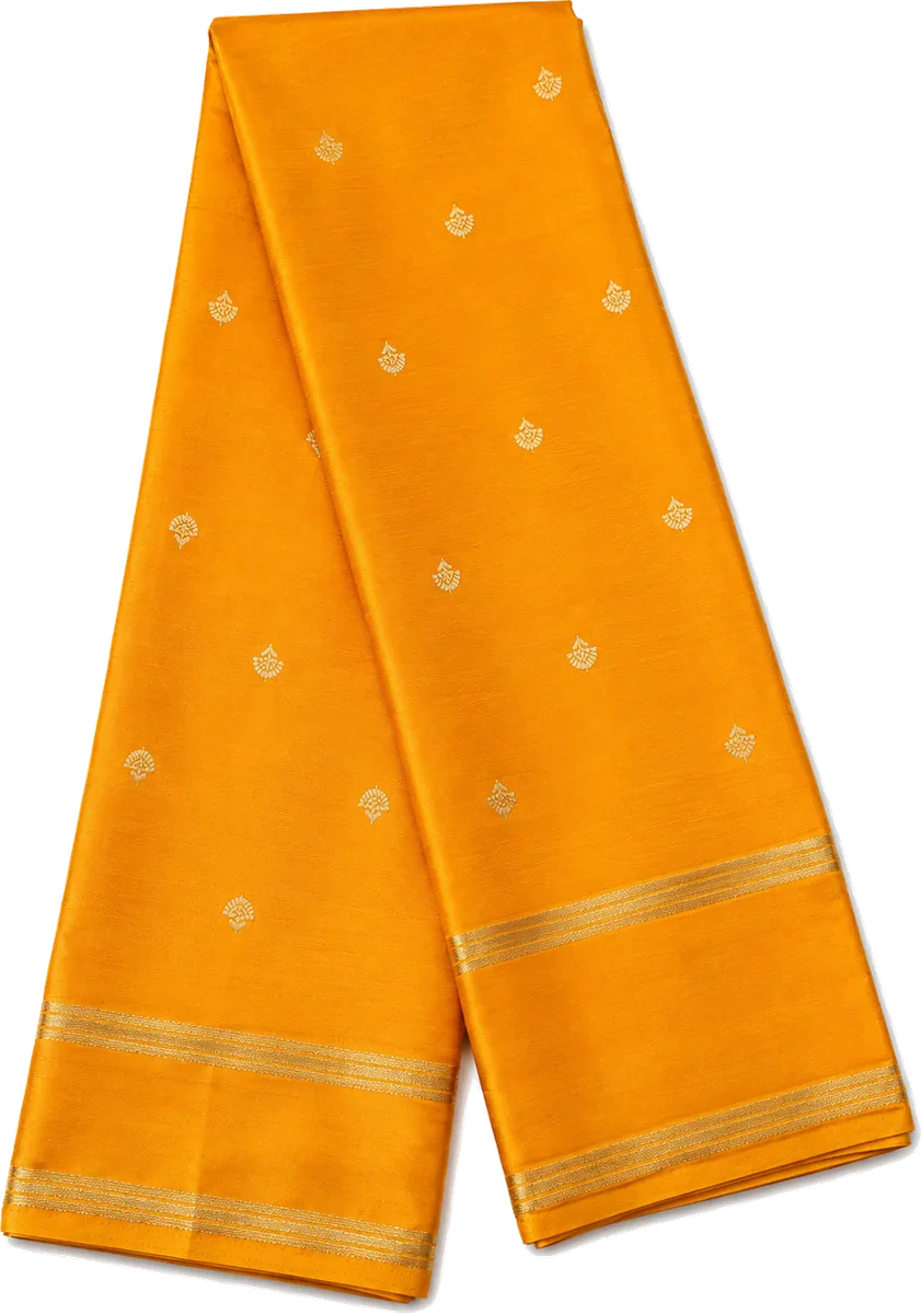 Golden Yellow Silk Saree with Gold Zari Buttas and a Striped Zari Border Golden Yellow Silk Saree with Gold Zari Buttas and a Striped Zari Border